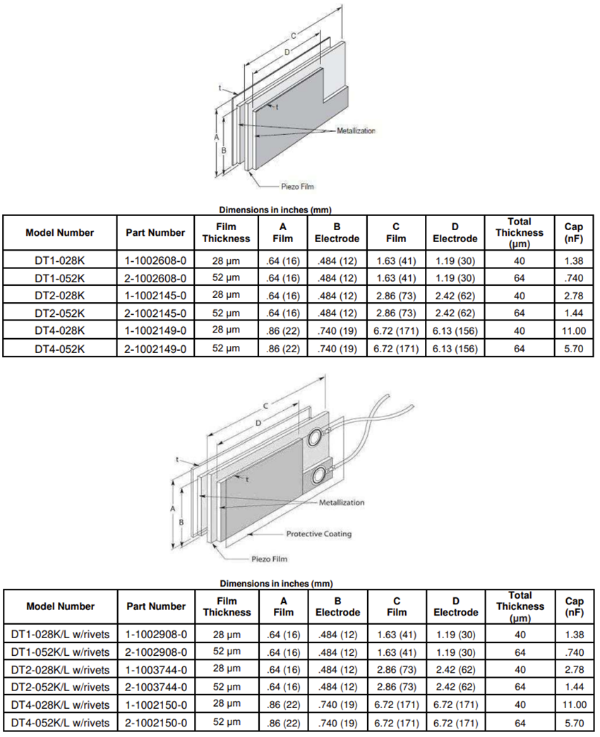 机械图纸 - TE Connectivity / Measurement Specialties DT系列压电薄膜传感器